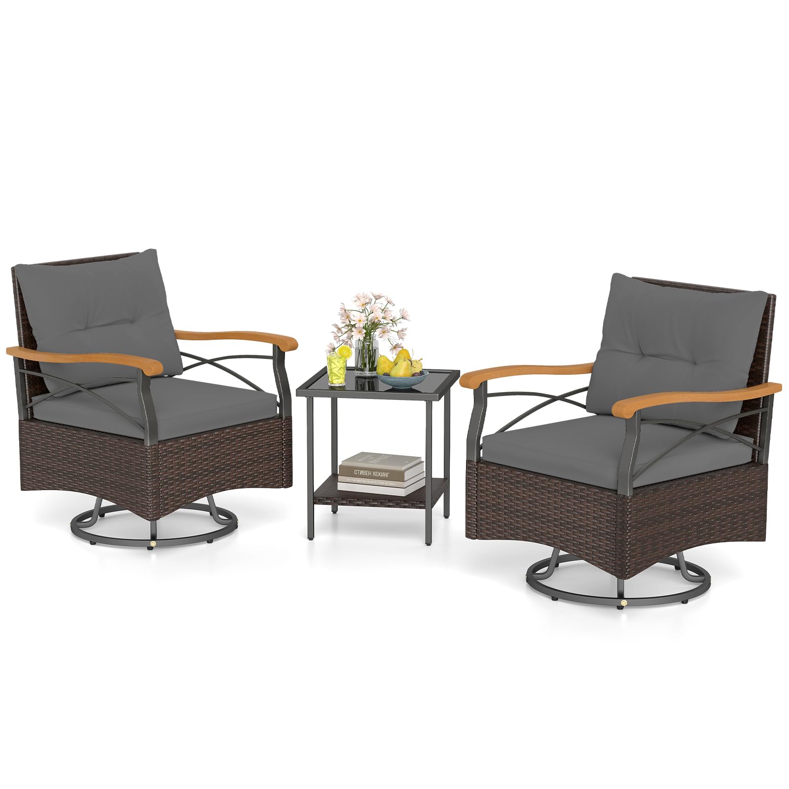 Tangkula 3 Piece Outdoor Swivel Chair Set with 2 Tier Tempered Glass Side Table